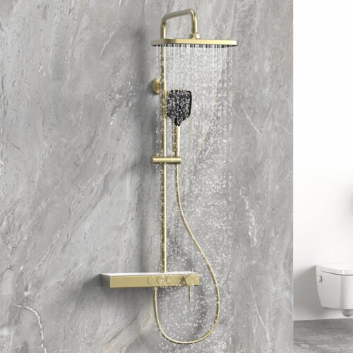 Stainless steel 3 function exposed push button shower column with storage platform | SO845 13