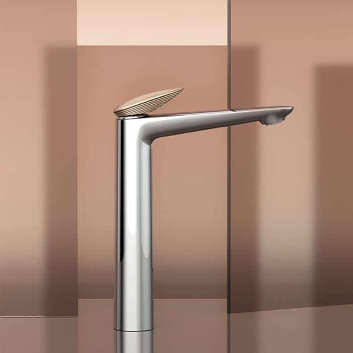 Mixed finish tall faucet with stepped handle | B022 02