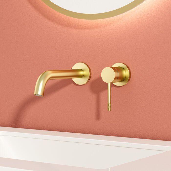 Gold wall mounted faucet with knurled handle and base | B1010B 28