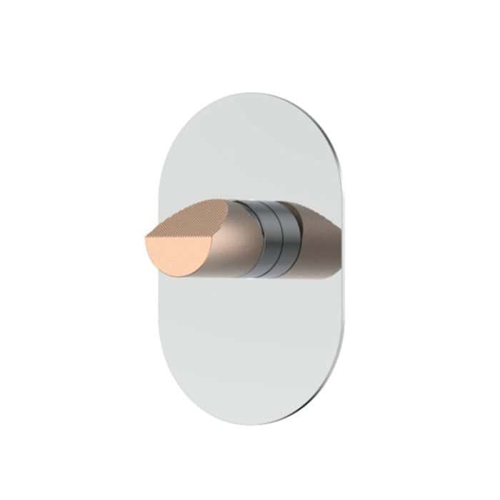 Oval shower mixer with mixed finish wedge knob
