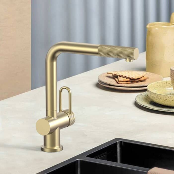 Knurled right angle kitchen faucet with hollow handle | K135E 01