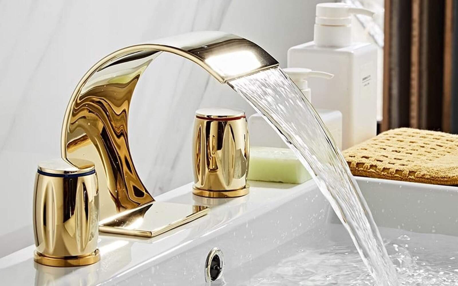 RoyalToiletry Slim Dual Handle Gold Waterfall Bathroom Faucet