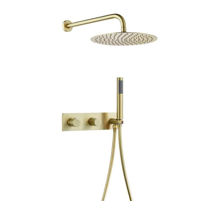 Brushed gold round showerhead system with knob