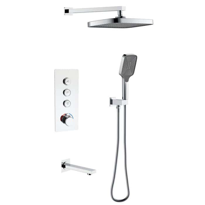 Square thermostatic 3-way shower set with tub spout