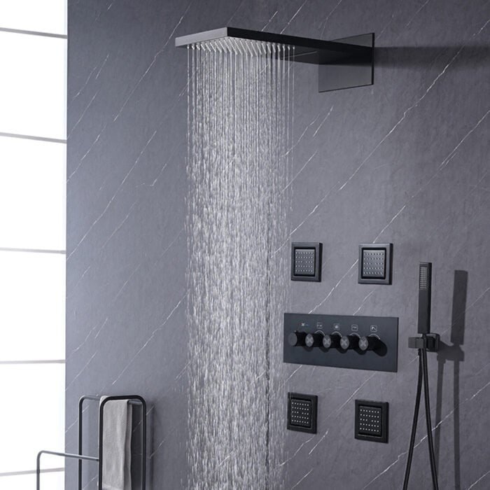 Matte black concealed 4-way shower system