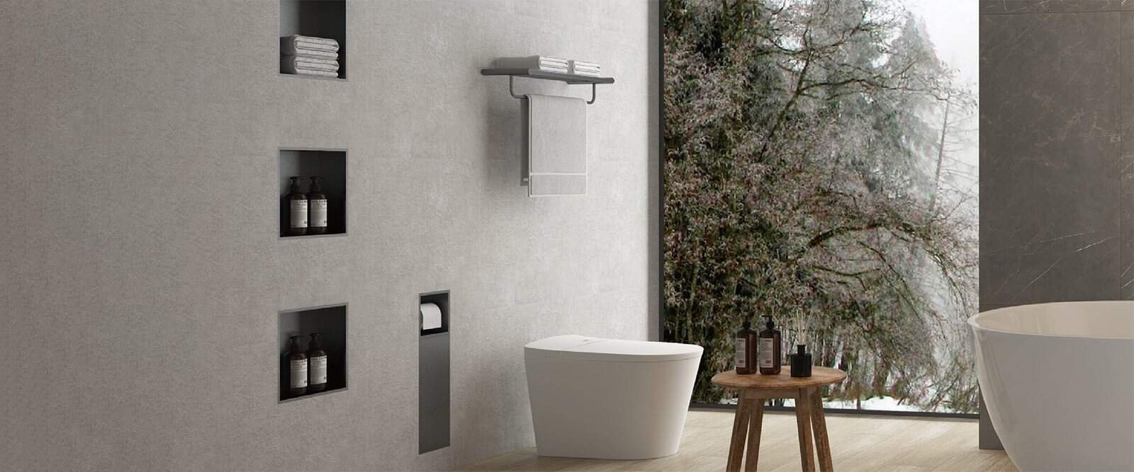 Modern bathroom shelf with hand towel bar - Above the Toilet