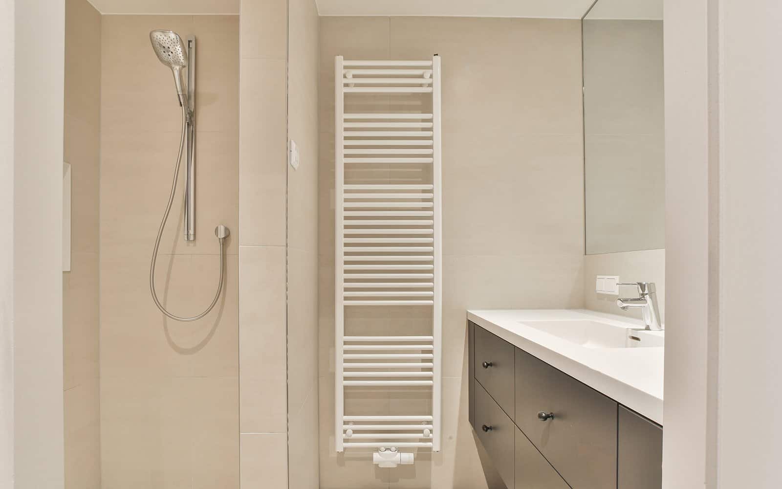 Modern tiled bathroom interior in bright colors