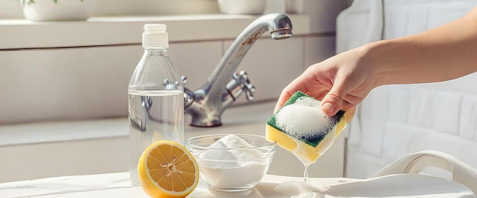 Clean stainless steel faucet tool - include lemon and soda