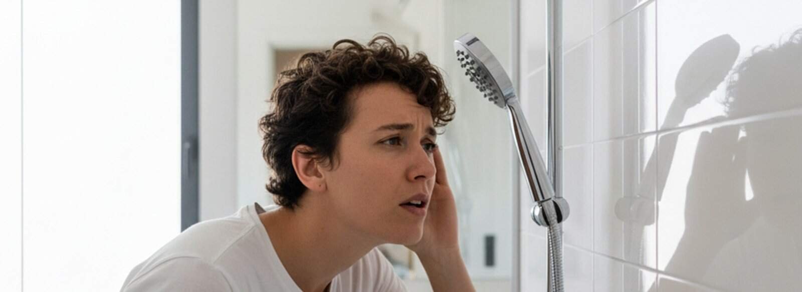A man listens intently for any sound coming from the shower system