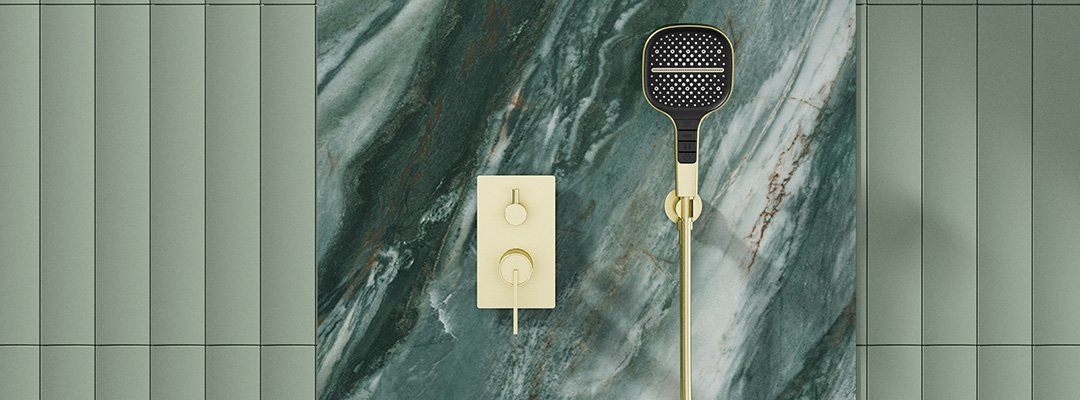 Brushed gold concealed shower system with handheld shower