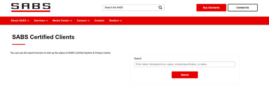 SABS certified clients search website