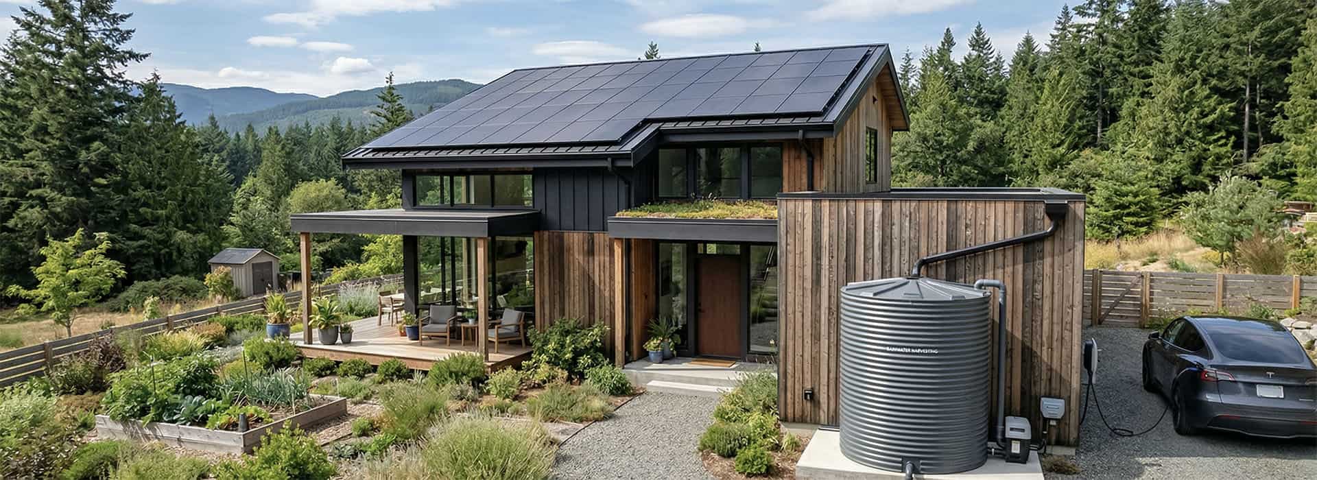A wide shot of a modern sustainable plumbing, eco-friendly home exterior featuring a rainwater harvesting tank and solar panels on the roof
