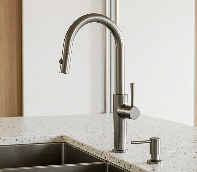 Gunmetal pull down kitchen faucet with Gunmetal stainless steel kitchen sink and soap dispenser