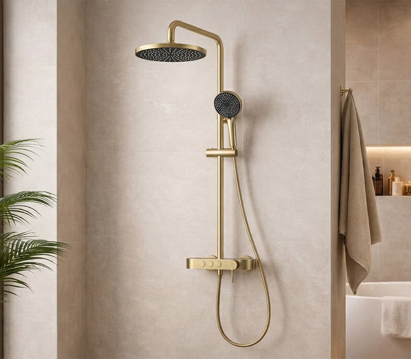 Push button control exposed shower column brushed gold – SO844A 12 Canton Fair 2026 Faucet Manufacturer | Direct OEM&ODM Factory