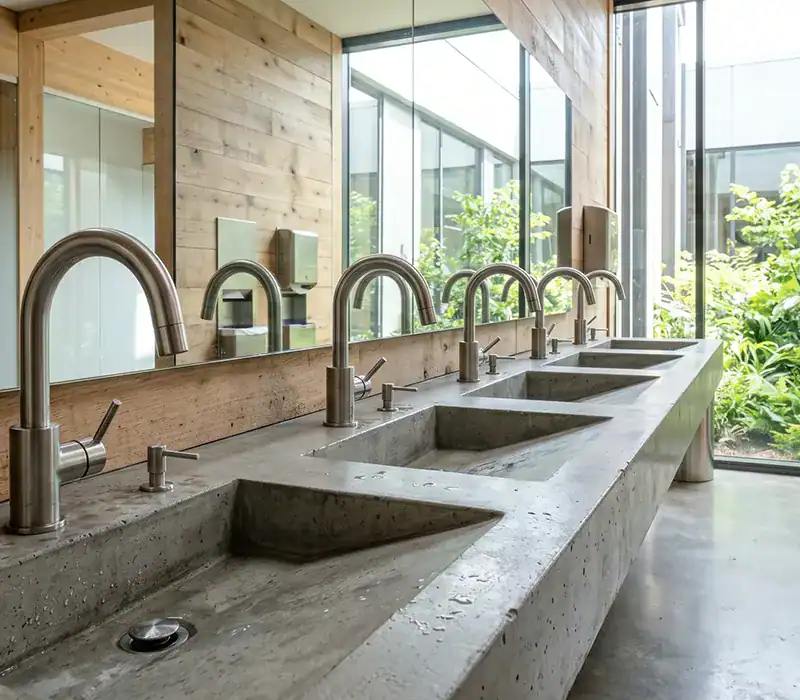 brushed stainless steel basin faucets installed inside a LEED-certified commercial building