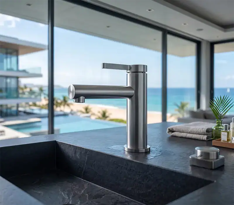 stainless steel single-handle basin faucet in a sea-view room