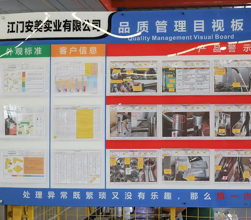 Lanerdi factory quality management visual board displaying production SOPs and defect alerts