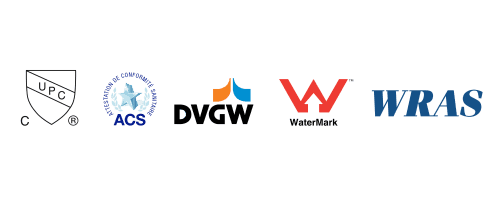 Global plumbing certifications including cUPC, WaterMark, WRAS, ACS, and DVGW for stainless steel faucets